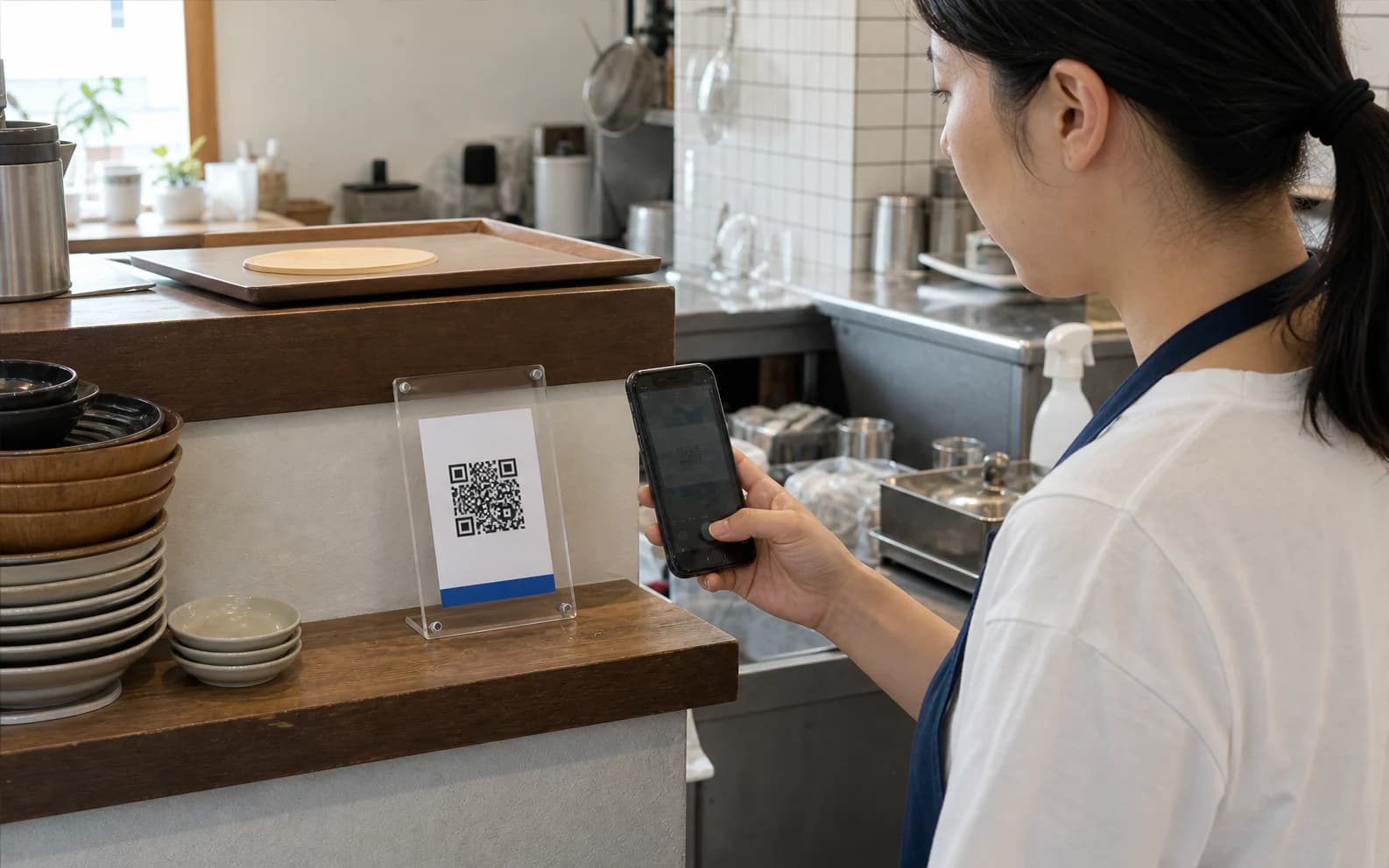 飲食店の作業場所に置かれたQRコードをスマホで確認するスタッフ