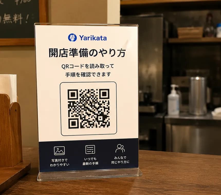 店舗のカウンターに掲示されたYarikataのQRコード